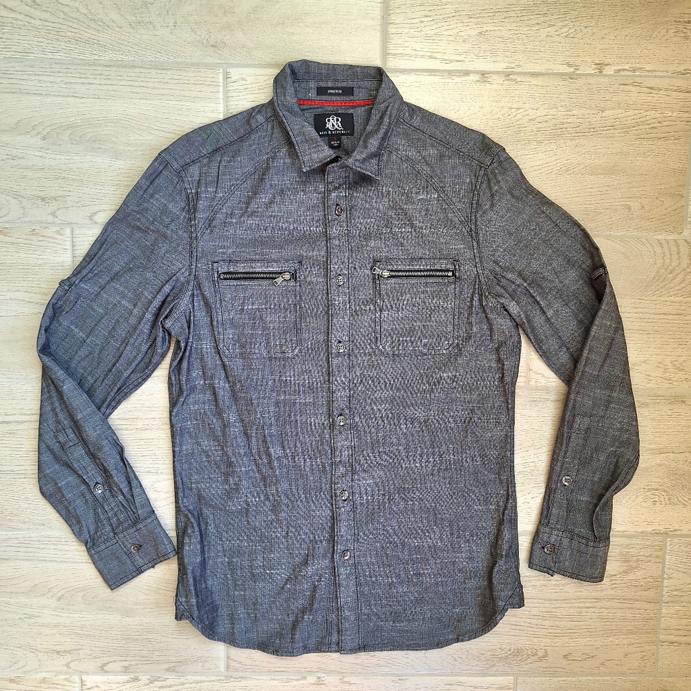 Rock & Republic Men's Gray Long Sleeve Zipper Pocket Button Front Shirt Small